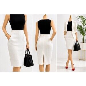 White Midi Pencil Skirt Womens M8-10 Zip Slip Career Office Elegant Lined Back